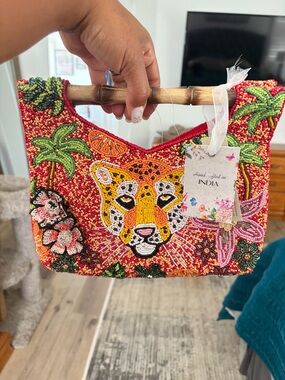Handcrafted Viral Tiger Beaded Red Floral  Bamboo Handle Bag